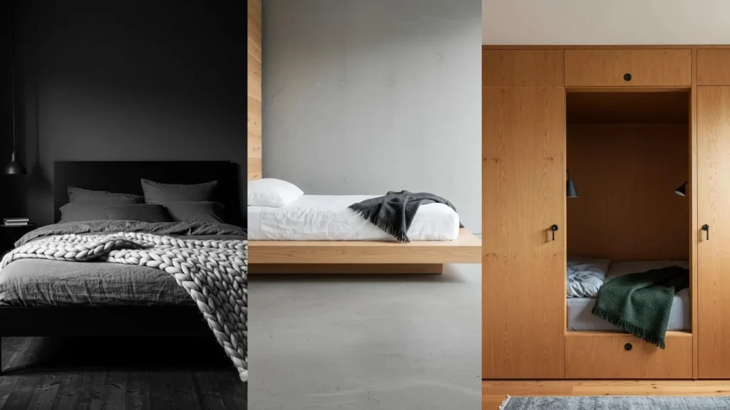 Neutrale slaapkamers met diverse texturen: zachte wol, knisperend linnen en warm hout. Comfortabel design.