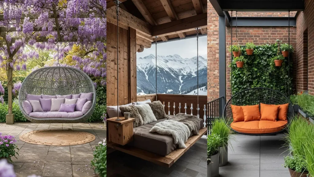 Drie voorbeelden van luxe zwevende daybeds, perfect als comfortabele loungeschommel voor twee.
