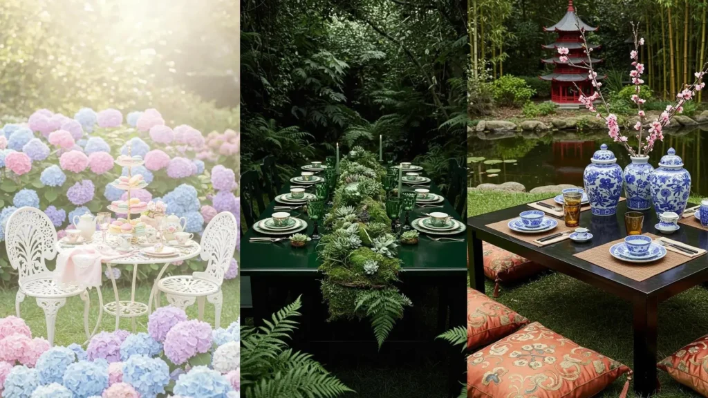 Drie betoverende tafelschikkingen voor een chique garden tea party, met diverse stijlen in prachtige tuinen.