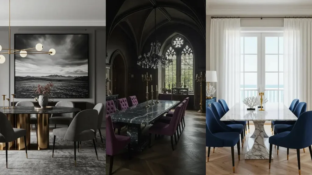 Drie luxe eetkamers met fluwelen stoelen, marmeren tafels en gouden accenten, voor een hotelgevoel.