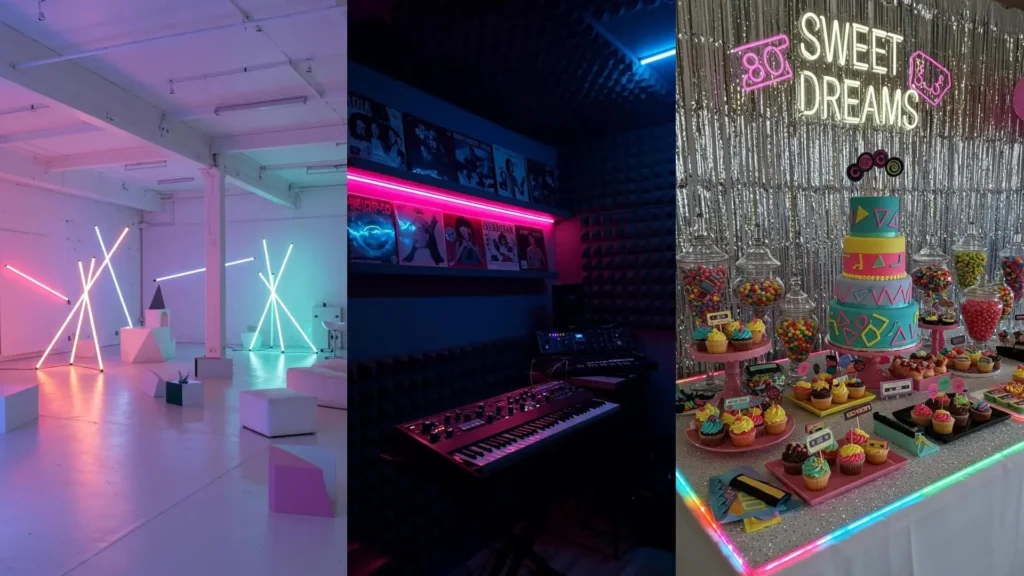 Explosieve neon accenten en felle kleuren op een retro 80's party met een feesttafel, neon verlichting en studio setting.
