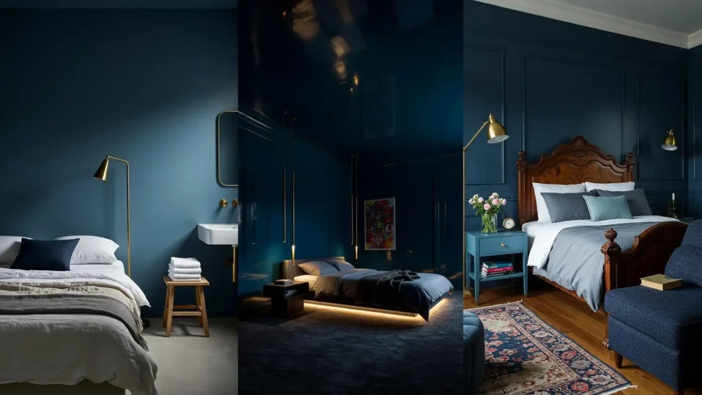 Drie nachtblauwe slaapkamers met messing lampen, stralend van donkere luxe.
