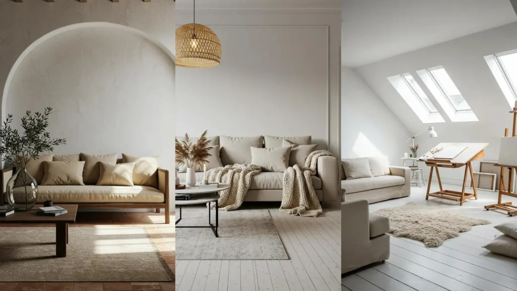 Drie serene interieurs met krijtwitte muren, beige banken en gezellige texturen van kussens, plaids en vloerkleden.