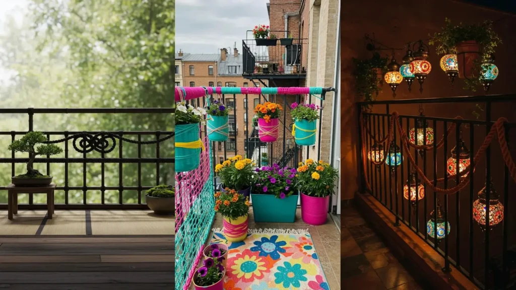 Diverse balkonhekjes creatief versierd met touw, kleurrijke planten en sfeervolle verlichting.