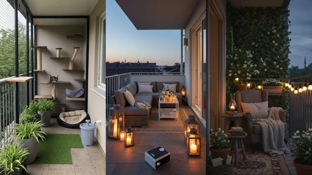 Drie unieke balkons, elk ingericht met planten, meubels en decoraties, die persoonlijke verhalen vertellen.