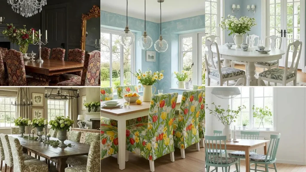 Diverse eetkamers in cottage-stijl met bloemenstoffen, landelijke tafels en verse bloemen.