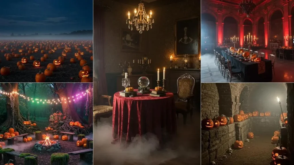 Diverse Halloween feestdecoraties met verlichte pompoenen, mist en mysterieuze sfeerverlichting.