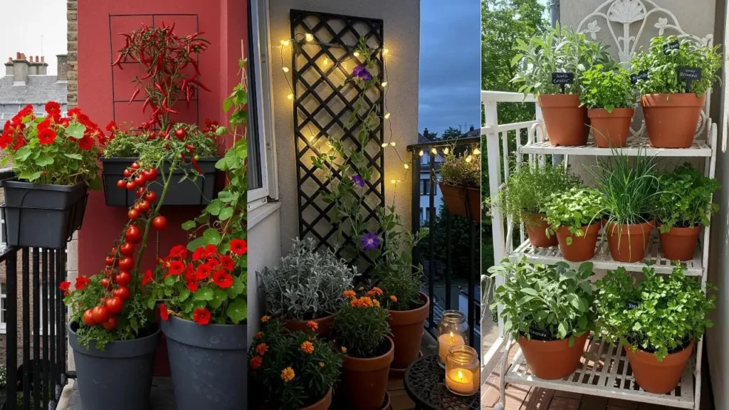Diverse kleurrijke moesbalkons met eetbare bloemen, kruiden en groenten, inclusief een decoratief gietijzeren rek.