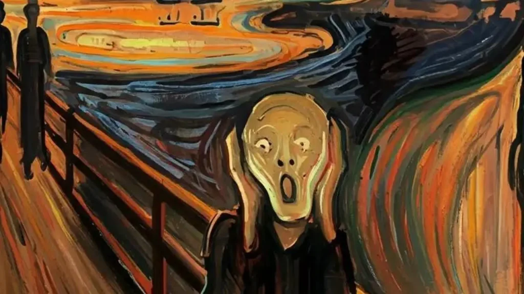 Het klassieke schilderij De Schreeuw van Munch, met expressieve kleuren perfect voor 22 kleurenpaletten.