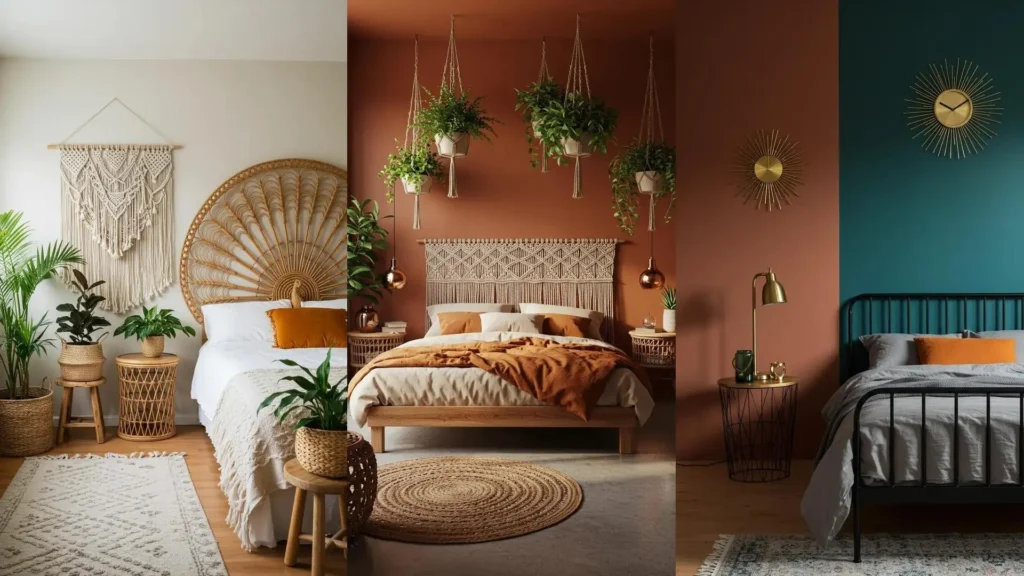 Sfeervolle slaapkamers, geinspireerd op de jaren 70, met terracotta, mosterdgeel en natuurlijke materialen zoals rotan en macrame.