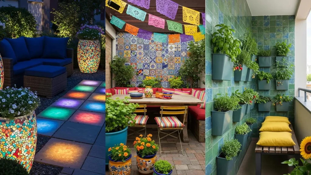 Kleurrijke stadstuinen en balkons met mozaiektegels, comfortabele kussens en geurende planten.