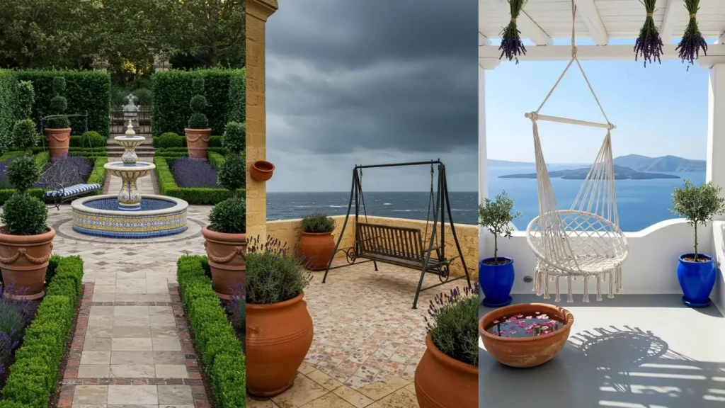 Drie mediterrane schommelplekken met lavendel, terracotta potten en keramiek details.