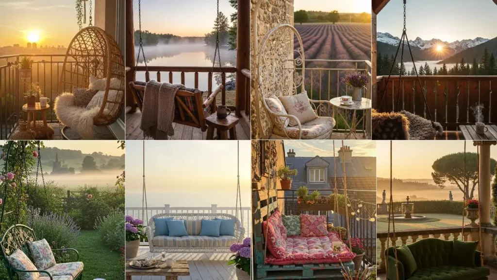 Een selectie romantische hangstoelen met koffie op terrassen en balkons bij zonsopgang, voor een prachtig uitzicht.