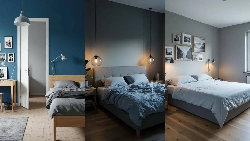 Diverse Scandinavische slaapkamers met muren en beddengoed in ijsblauw en zachtgrijs, en blond houten meubels.