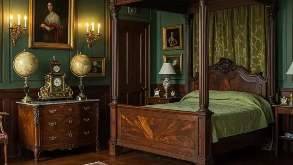 Sfeervolle slaapkamer met donkerhouten hemelbed, vintage accessoires en wandkandelaars voor kaarslicht.