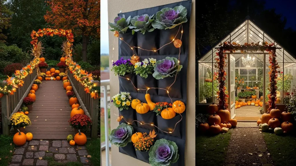 Warme herfsttuin decoratie-ideeën met veel pompoenen, levendige bladeren en sfeervolle verlichting.