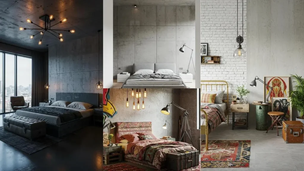 Urban chic slaapkamers met betonlook muren en opvallende industriële lampen in verschillende stijlen.
