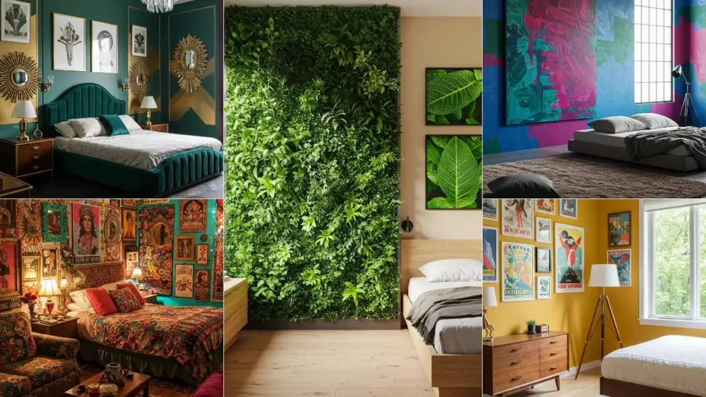 Artistieke slaapkamers met opvallende muurkunst, kleurvlakken en creatieve indelingen.