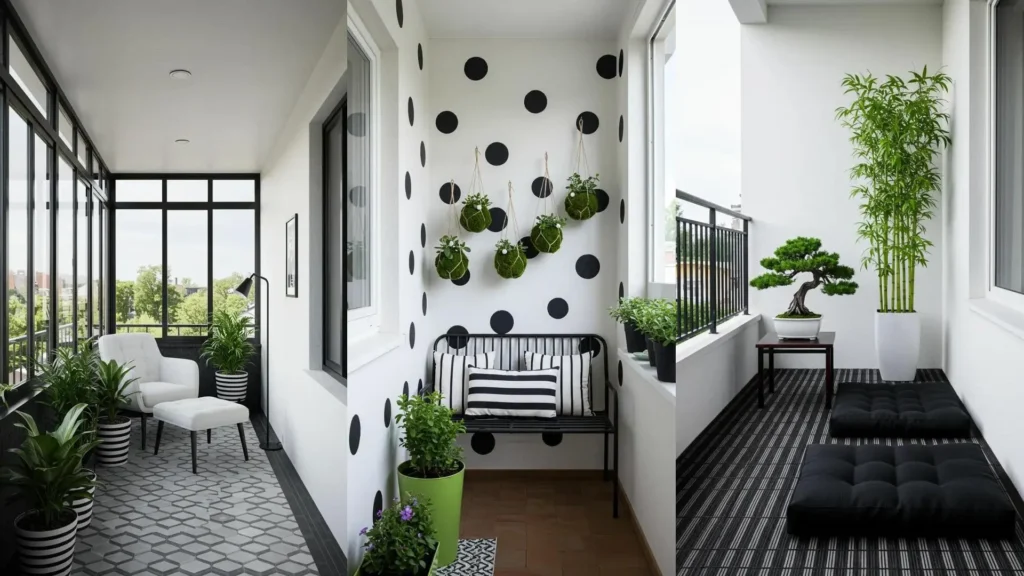 Zwart-witte balkons met grafische patronen, zoals strepen en stippen, en contrasterende groene planten.