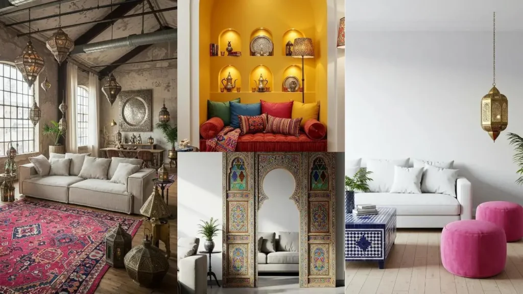 Diverse kleurrijke woonkamers met Marokkaanse accenten zoals lantaarns, een roze kleed, mozaiek tafel en levendige kussens.