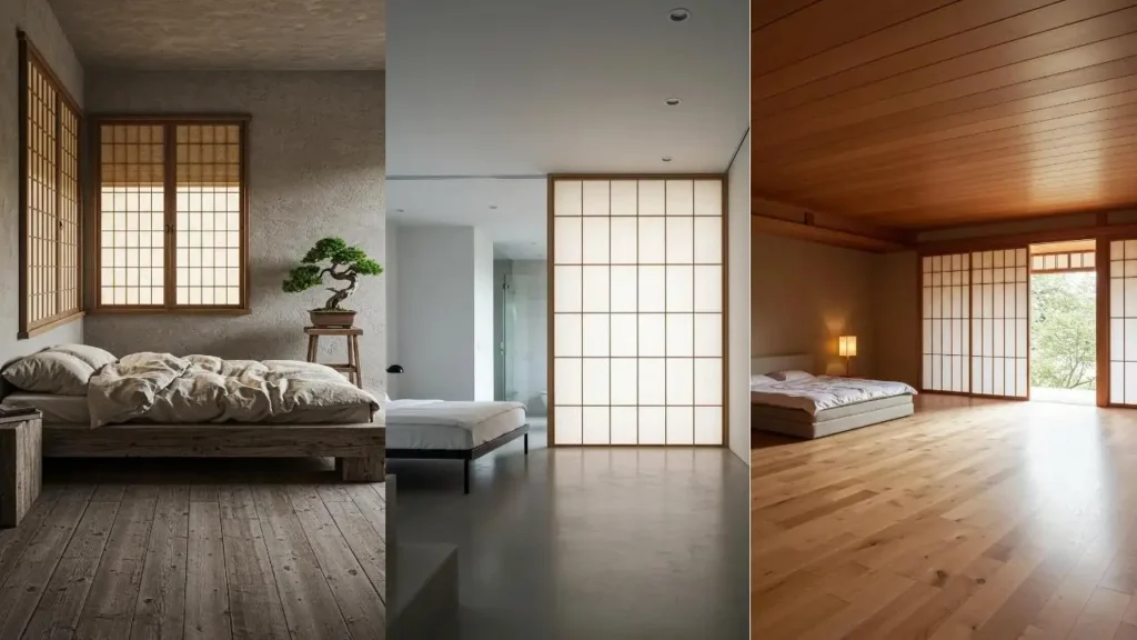 Serene Japanse slaapkamers met shoji ramen, minimalistische meubels en zacht licht.
