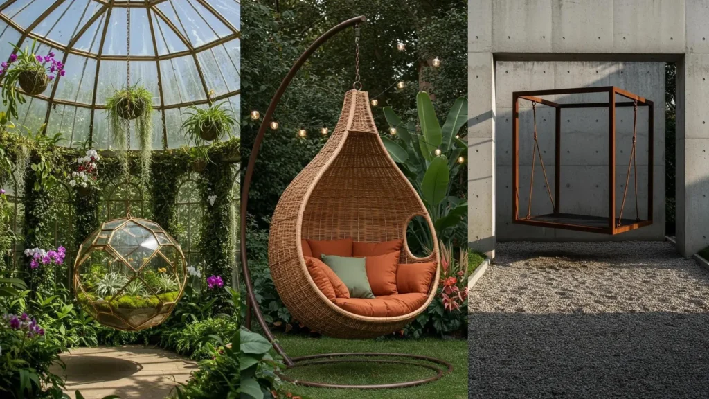 Artistieke, sculpturale schommels als statement pieces, van avant-garde design tot botanische installaties.
