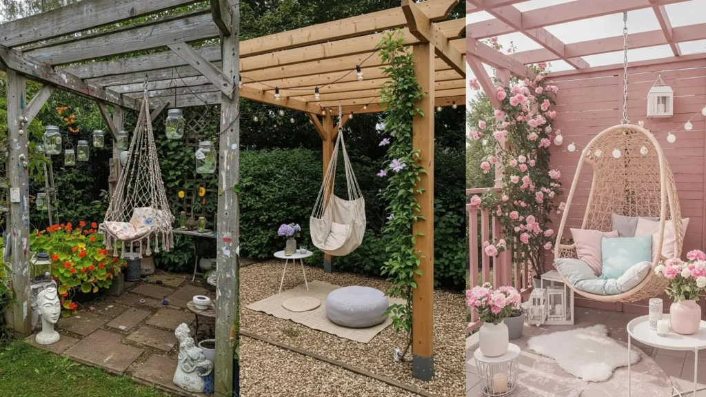 Drie bohemian hangstoelen onder pergola's, versierd met klimplanten en sfeerverlichting.