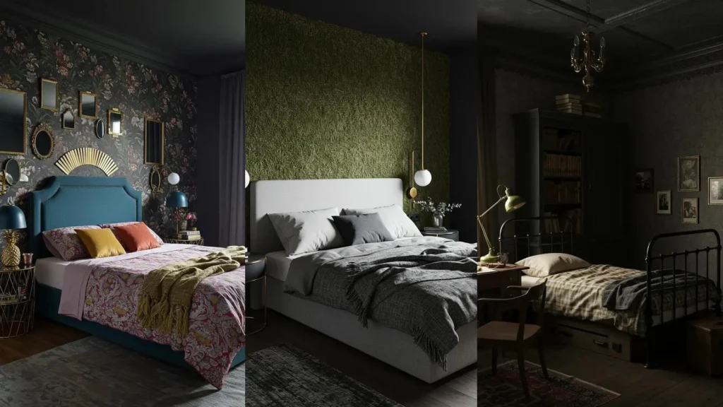 Drie dramatische slaapkamers met zwart plafond en gouden accessoires.