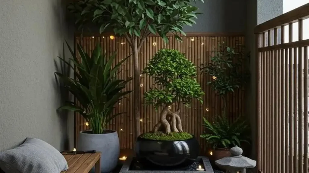 Vol weelderig groen en tropische planten op een gezellig jungle-balkon met sfeervolle verlichting.