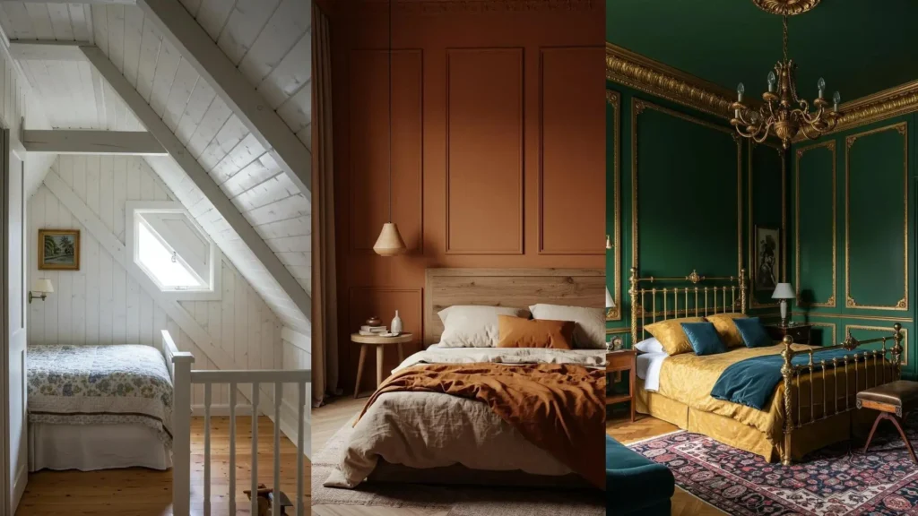 Klassieke slaapkamers met elegante wandpanelen, kroonlijsten en sfeervolle verlichting.