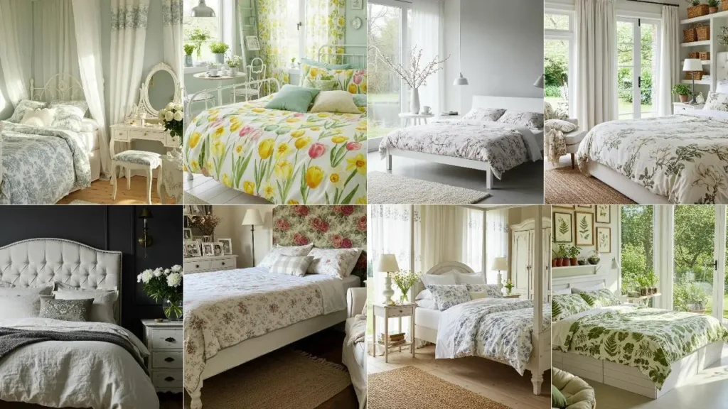 Landelijke slaapkamers met witgekalkte meubels en bloemenprints op beddengoed