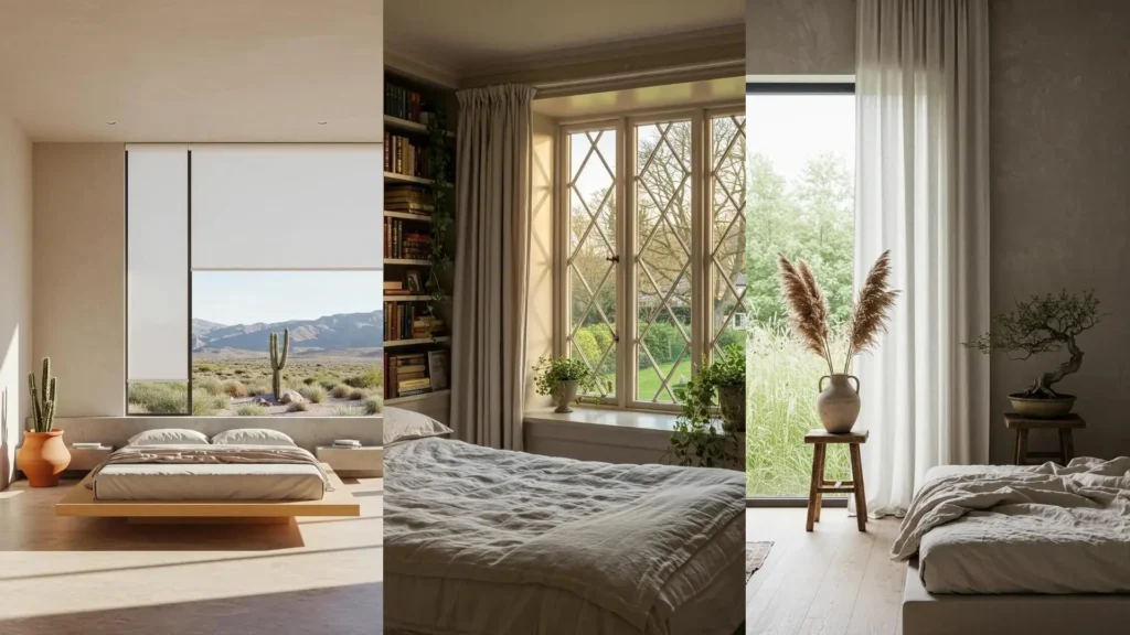Lichte slaapkamers met grote ramen, witte gordijnen en planten, vol natuurlijk licht en rust.
