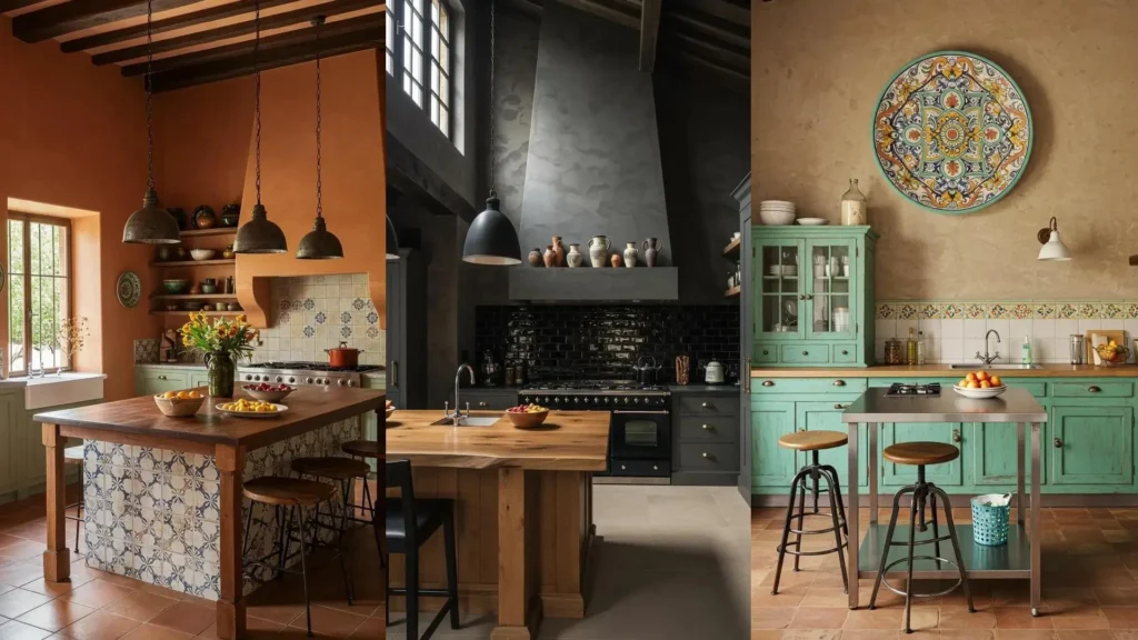 Drie mediterrane keukens met sfeervolle kalkverf, keramiek details en zonnige kleurtinten.