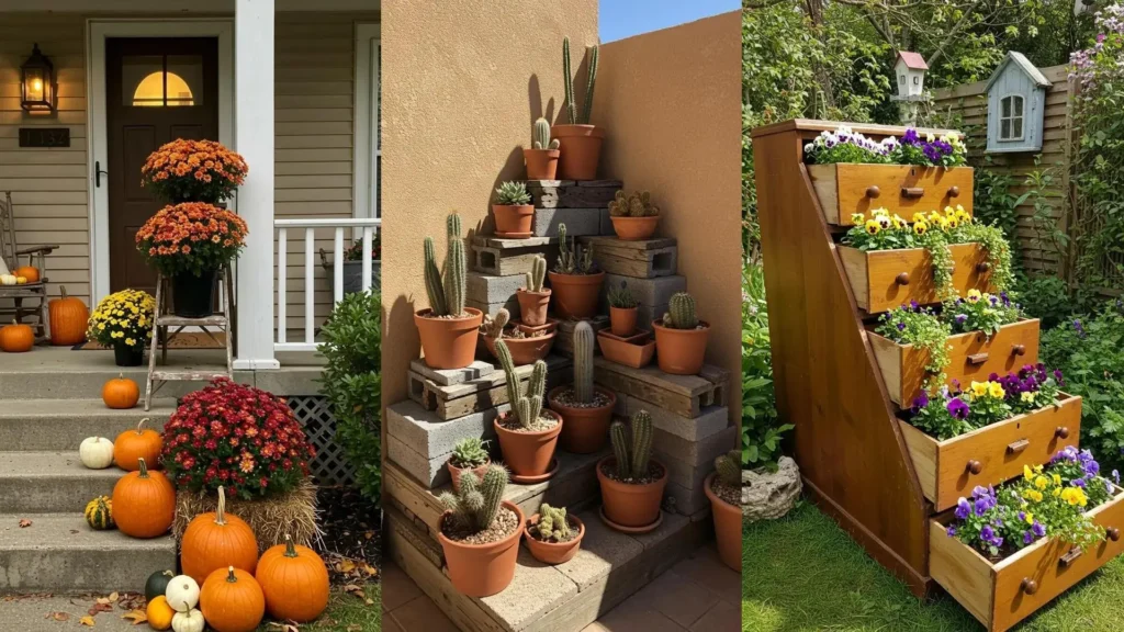 Voorbeelden van plantenstylingen op traptreden en lagen, met bloemen en cactussen voor een hoogte-effect.
