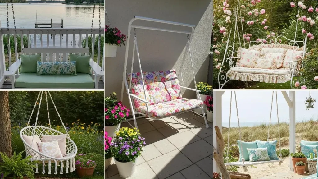 Diverse witte schommels in cottage-stijl met pastelkussens en bloemenprint.