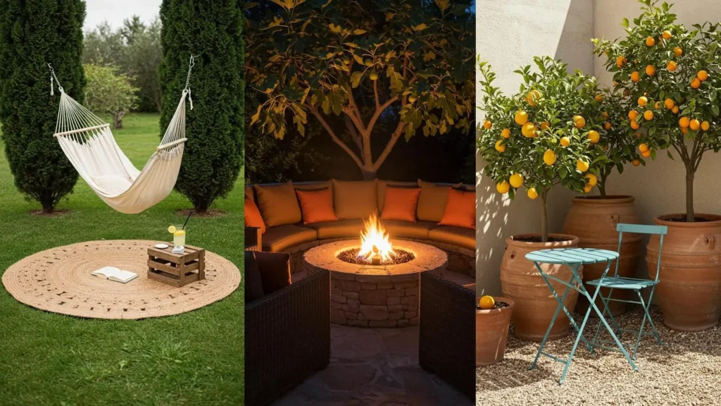 Drie inspirerende tuinhoekjes: een hangmat, vuurplaats en citrusbomen voor een mediterraan vakantiegevoel.