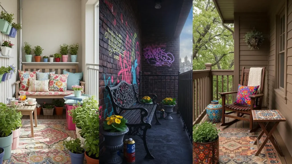 Drie verschillende, eclectische balkons met veel kleur, opvallende patronen en diverse stijlen.