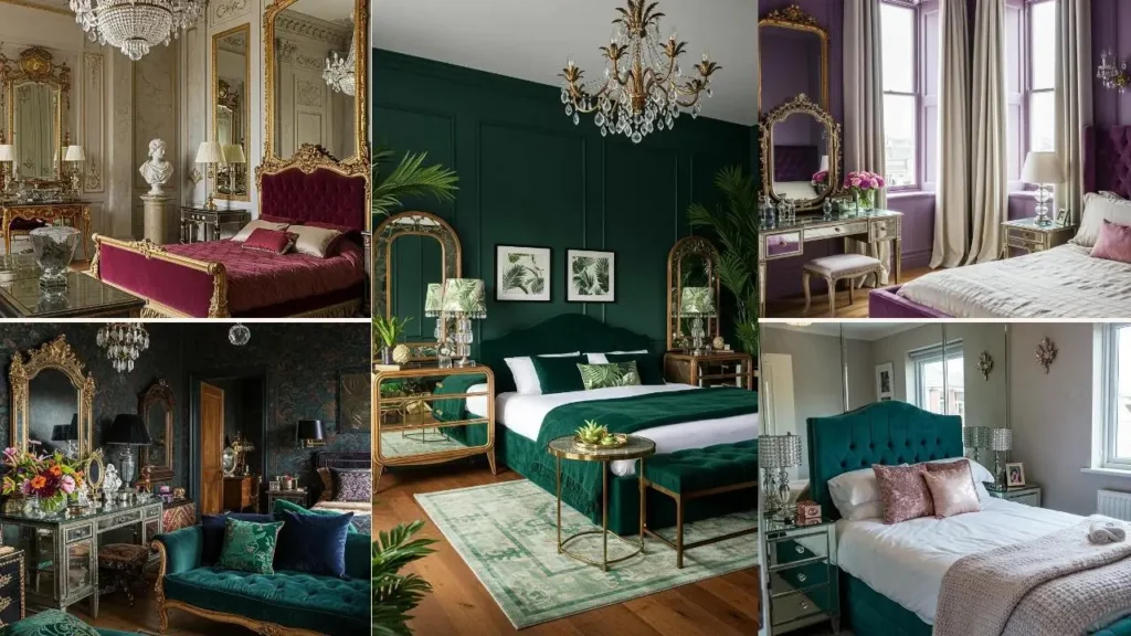 Glamoureuze slaapkamers met spiegelmeubels, kristallen verlichting en weelderige bedden in diepe kleuren zoals rood, groen en paars.