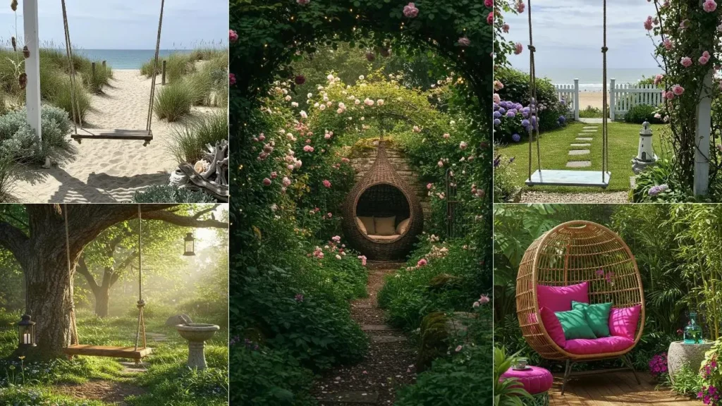 Stijlvolle designschommels en hangstoelen in diverse kindvriendelijke tuin- en buitenomgevingen.