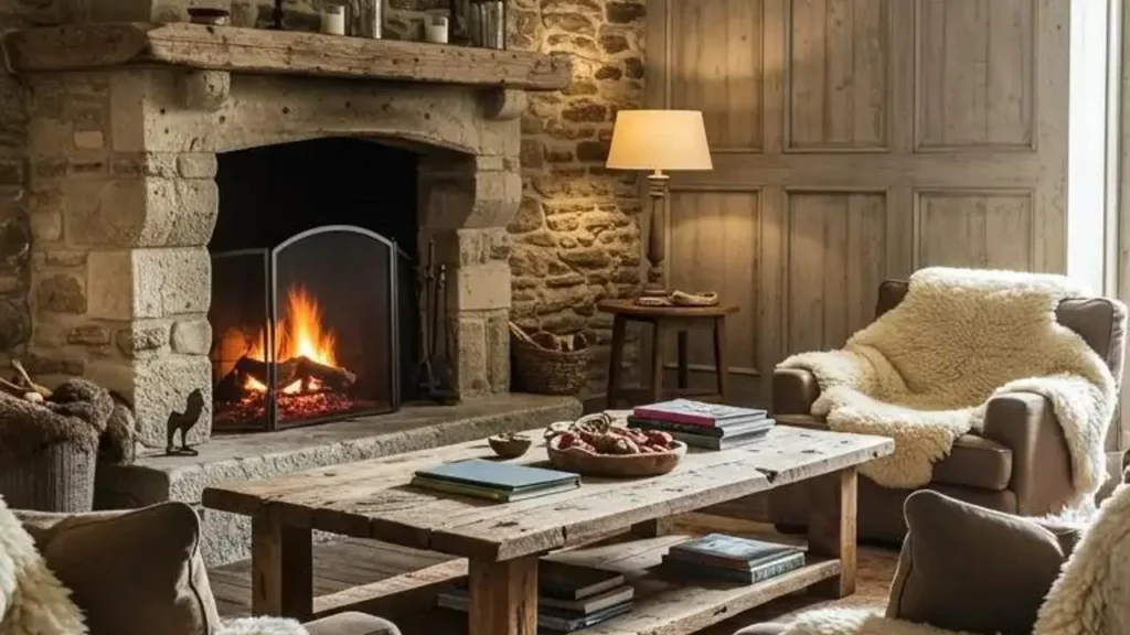 Gezellige landelijke woonkamer met stenen open haard, verweerde houten tafel en schapenvacht deken.