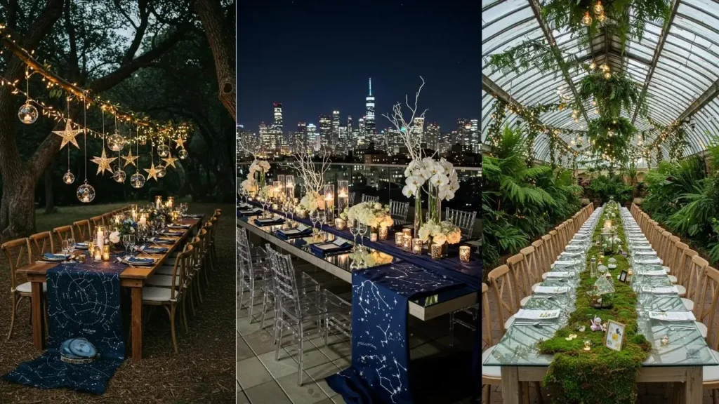 Sfeervolle dinertafels, creatief gepersonaliseerd met lichtjes, bloemen en natuurlijke elementen.