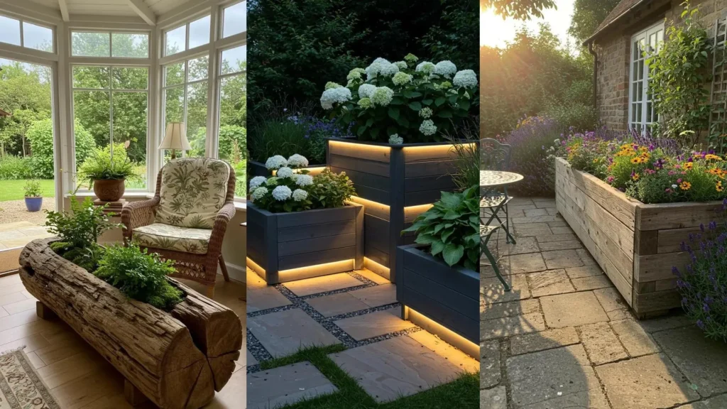 Drie unieke houten plantenbakken: een boomstam, moderne bakken met verlichting en een grote bloembak.