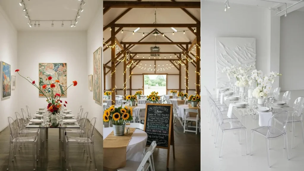 Drie voorbeelden van mini-bruiloft decoraties voor kleine groepen: elegant, rustiek en modern.