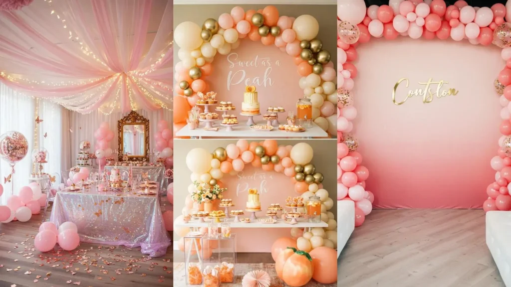 Stijlvolle roze en gouden decorcombinaties voor een meiden babyshower, met ballonnen, feesttafels en desserts.