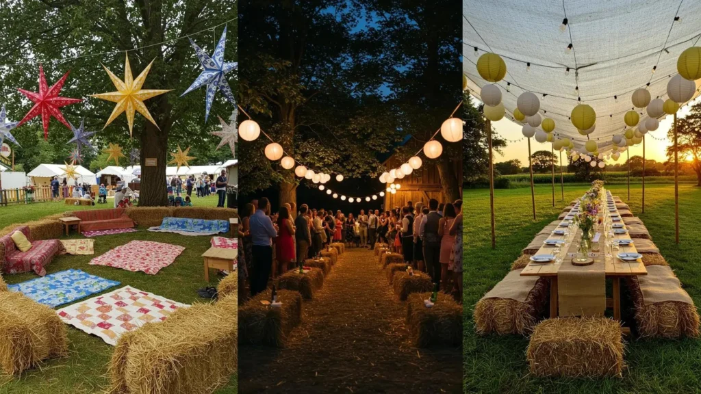 Rustiek landelijk feest met hooibalen zitjes, kleurrijke lampionnen en lange tafels in de buitenlucht.