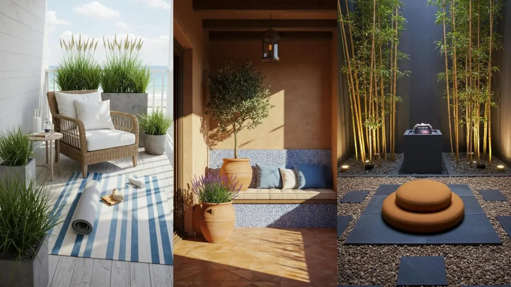 Serene tuinhoekjes: balkon met yogamat, mediterrane patio en zen-tuin met waterpartij voor meditatie/yoga.