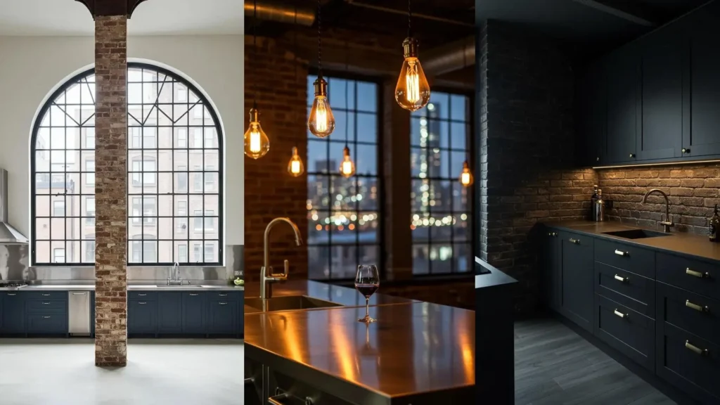 Drie beelden van urban loftkeukens met baksteen, staal en open ruimtes; inclusief grote ramen en donkere kasten.