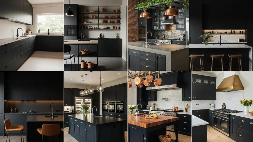 Een collage van diverse luxe zwarte keukens, met warme accenten, die een stijlvolle en uitnodigende sfeer creëren.