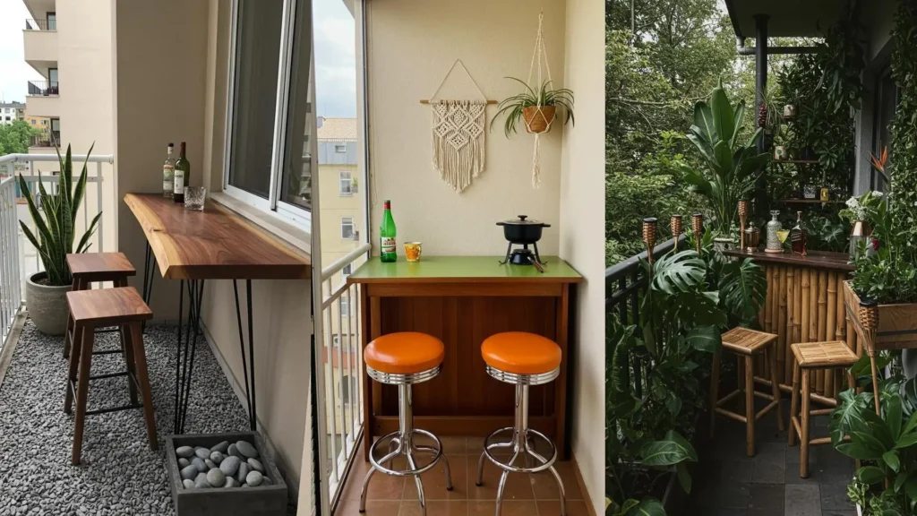 Diverse compacte balkonbars op kleine ruimtes, ideaal voor een gezellige bar op je balkon.