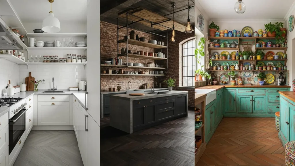 Drie stijlvolle keukens met visgraatvloeren, open legplanken en diverse designstijlen.